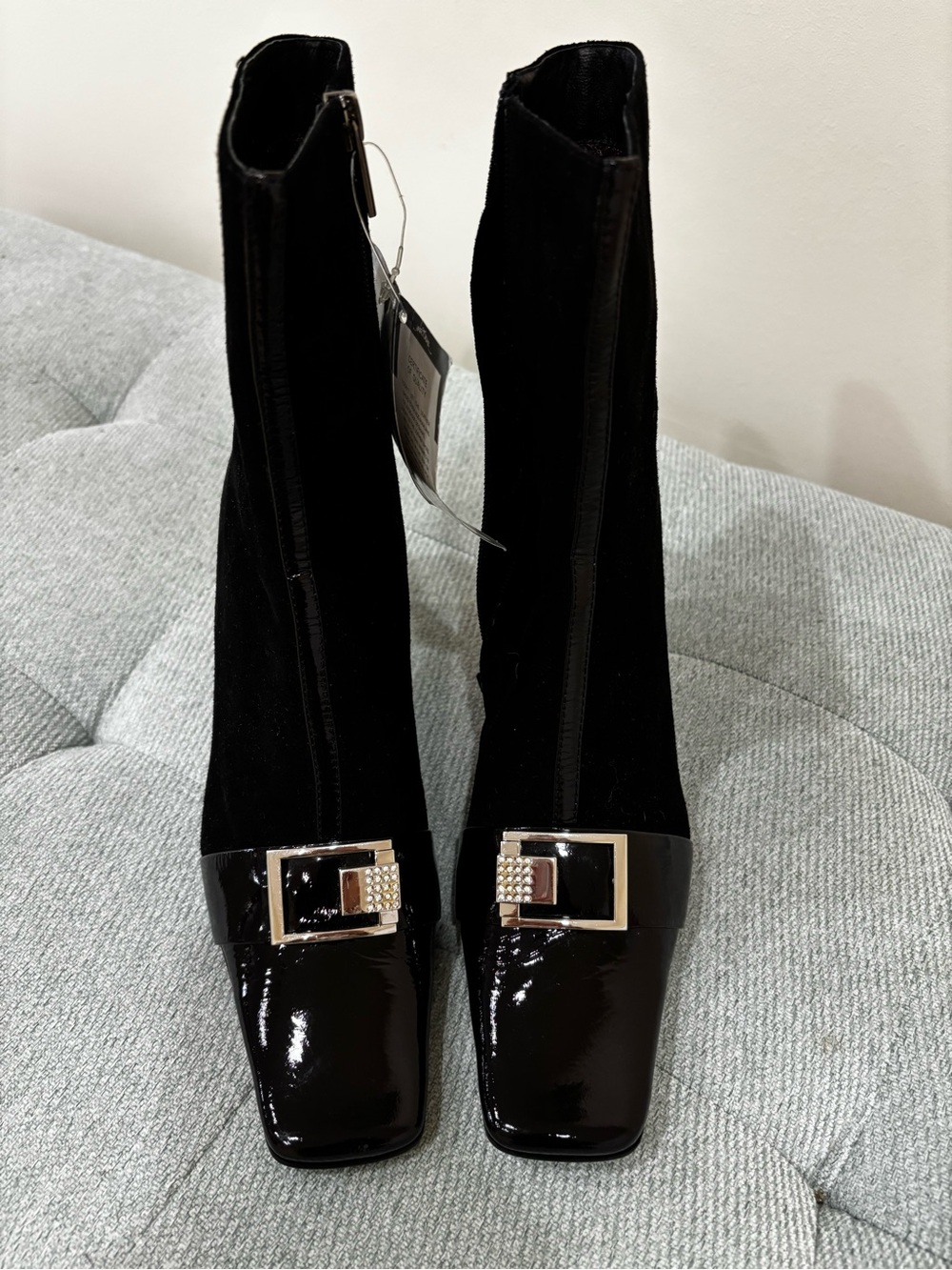 Medela Black Mid-Calf Heeled Boots with Patent Toe and Buckle Detail
